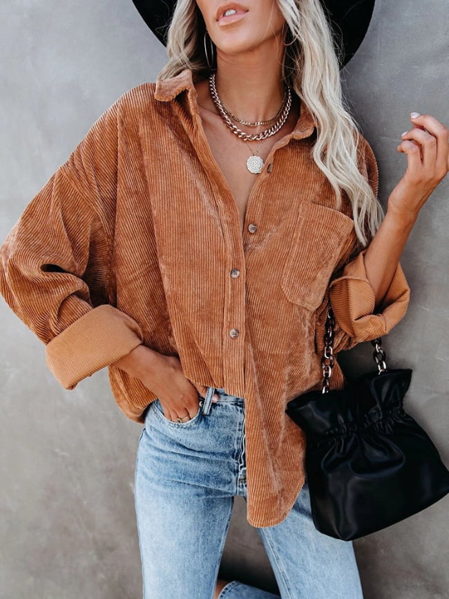 Solid Color Corduroy Shirt Jacket