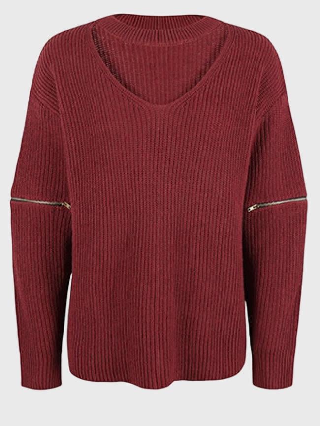 Fashion Hollow Zipper Long Sleeve Sweater