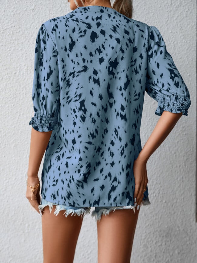 Leopard Print Round Neck Ruffle Sleeve Top
