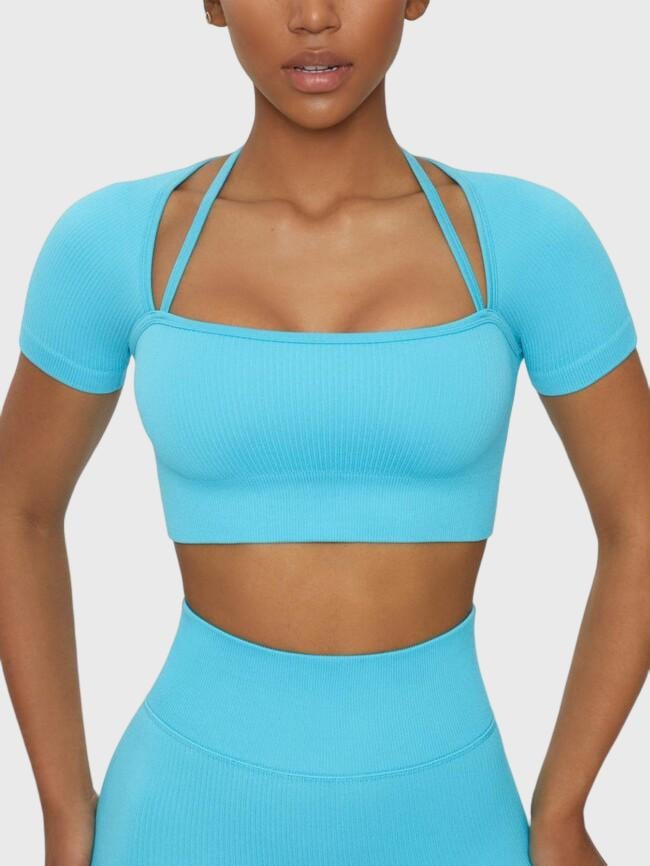 Solid Color Cropped Short Sleeve Yoga To...
