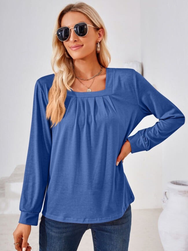 Square Neck Pleated Long Sleeve T-Shirt
