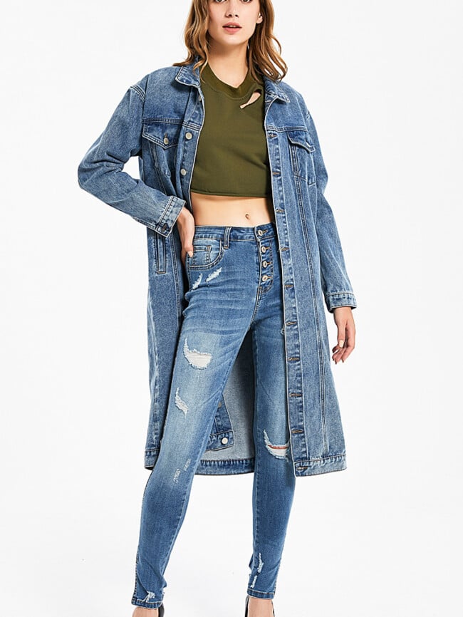 Vintage Lapel Button Mid Length Denim Jacket