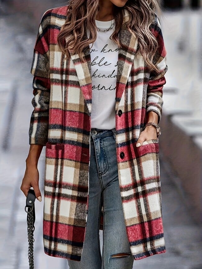plaid print double pockets lapel long co...